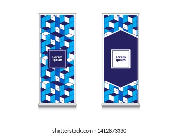 blue box Roll up banner stand. Vertical Vector template design
