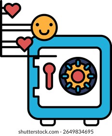 A blue box with a smiling face and hearts on it. The smiling face and hearts represent happiness and love