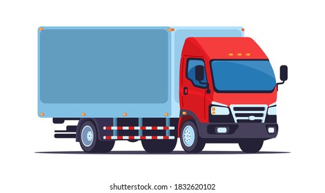 Blue box truck with a red cab. Front side view. Vector illustration on a white background. Cargo transportation concept.