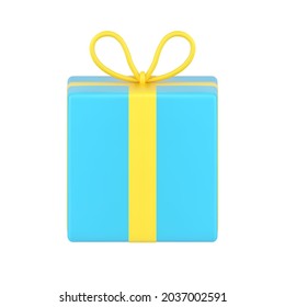 Caja azul con icono 3d de nudo amarillo. Sorpresa cuadrada empató una lujosa cinta con estampado en la parte superior. Compra festiva con un regalo solemne para el cumpleaños y el aniversario. Vector realista aislado