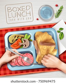 Blue boxed lunch on red cloth on grey wooden background, hands with fork and knife vector illustration