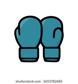 Ícone de luvas de boxe azul em estilo cartoon com contorno grosso no fundo branco representando o equipamento de esporte de combate