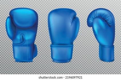 Blue boxing gloves set with realistic isolated images of mufflers from different angle on transparent background vector illustration