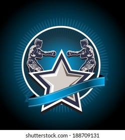 Blue boxing icon or emblem showing two boxers fighting with a star in front and blank banner with copy-space below on a dark background