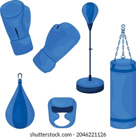 A blue boxing set consisting of a punching bag, gloves for martial arts and a protective helmet for boxing and kickboxing. Sports kit. Equipment for martial arts.Vector illustration