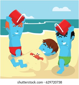 blue boy buried his friend at the beach