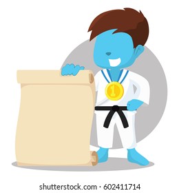blue boy karate champ holding paper