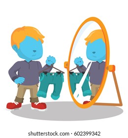 blue boy looking at the mirror