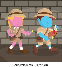 blue boy and pink girl explorer following path