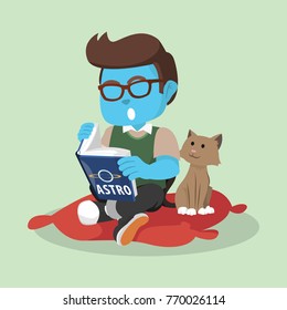 Blue boy reading with his cat