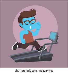 blue boy running on treadmill
