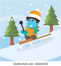 blue boy sliding with sled