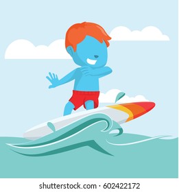 blue boy surfing at sea