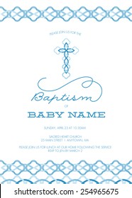 Blue Boy's Baptism/Christening/First Communion/Confirmation Invitation with Cross Design - Vector 