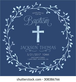 Blue Boy's Baptism/Christening/First Communion/Confirmation Invitation with Watercolor Cross and Floral Wreath Design - Vector