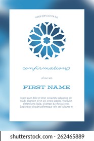 Blue Boy's Confirmation/Baptism/Christening/First Communion Invitation with Stained Glass Window and Blurred Background- Vector 