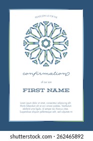 Blue Boy's Confirmation/Baptism/Christening/First Communion Invitation with Stained Glass Window - Vector 