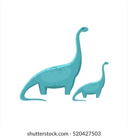 Blue Brahiosaurus Dinosaur Prehistoric Monster Couple Of Similar Specimen Big And Small Cartoon Vector Illustration