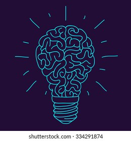 Blue Brain in the form of a burning light bulb with sparks. Vector illustration drawn by hand on a dark blue background.