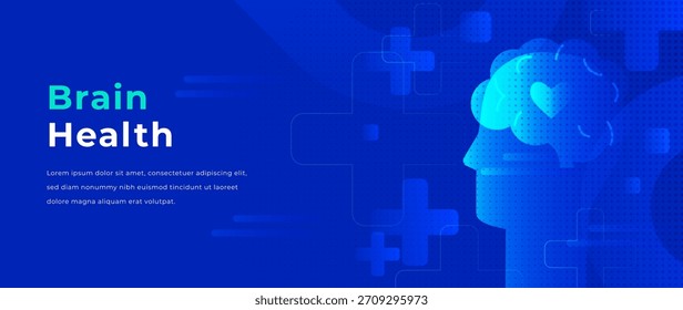Blue brain health background with gradient shapes, medical crosses and abstract head silhouette. Minimal brain shape with heart symbol. Modern medical wellness design for healthcare and diagnostic bg