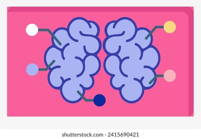 Blue brain hemispheres connected by lines on pink background. Conceptual mind, intelligence, mental health vector illustration.