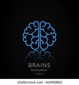 Blue brain icon reflacted on black background