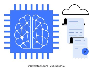 Blue brain integrated with chip, cloud icon, analyzed documents with check marks. Ideal for artificial intelligence, cloud computing, data processing, digital security, technology research. Simple