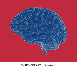 Blue brain side view and wireframe with drawing style illustration on red background