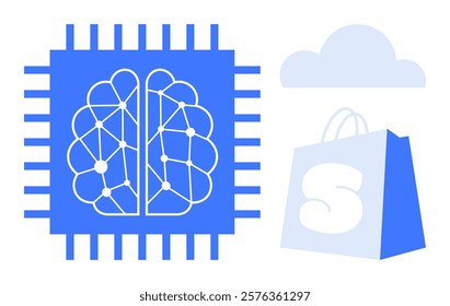 Blue brain within microchip, grey cloud, and shopping bag with S on it. Ideal for artificial intelligence, e-commerce, cloud technology, machine learning, and retail innovation. Simple vector style