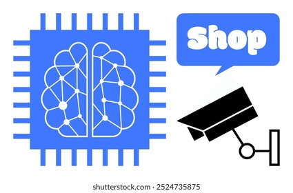 Blue brain-like neural network within a microchip, speech bubble with the word Shop and a black security camera. Ideal for AI technology, retail, security, automation, smart systems. Simple modern