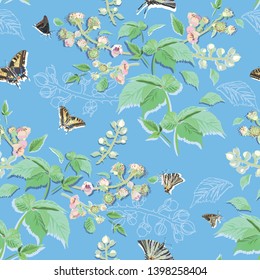 Blue brambleberry and butterfly seamless pattern print background. Perfect for wallpaper, paper project, food packaging, kitchen design. Surface pattern design.