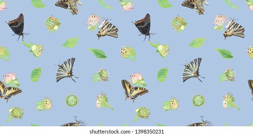 Blue brambleberry and butterfly seamless pattern print background. Perfect for wallpaper, paper project, food packaging, kitchen design. Surface pattern design.