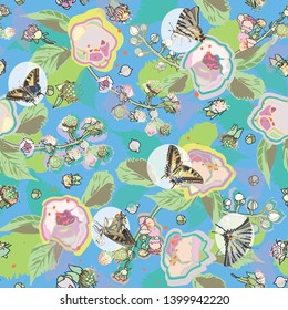Blue brambleberry and butterfly seamless pattern print background with blossom and leaf. Perfect for wallpaper, paper project, food packaging, kitchen design. Surface pattern design.