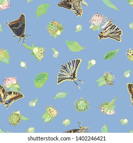 Blue brambleberry and butterfly seamless pattern print background with blossom and leaf. Perfect for wallpaper, paper project, food packaging, kitchen design. Surface pattern design.