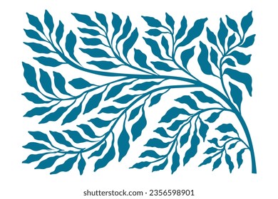 Blue branch. Floral leaves, Matisse style of elegant, thin tree flowing, wavy and curvy leaf, arranged horizontally. Delicate stem. Medieval, Art Deco, and Art Nouveau styles. Vector illustration