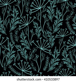 Blue branch on black background.Vector seamless pattern 