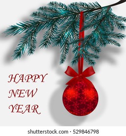 Blue branches of Christmas trees on a white background with shadow. Red ball with snowflakes and ribbon bow. The inscription Happy New Year. Vector illustration