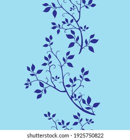 Blue branches with leaves on a light blue background.
