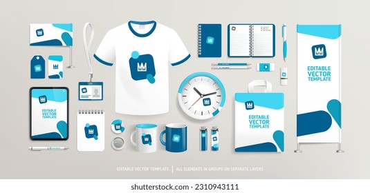 Blue Brand rand Identity concept with Promotional souvenirs design on stationery. Branding stationery mock-up template. Brand presentation mock-up set. Promotion AD materials. Editable vector 