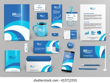 Blue branding design kit. Identity template for spa, shop, boutique, medical stomatology or beauty center. Business stationery mock-up. Editable vector illustration: folder, envelope, cup, card, etc.