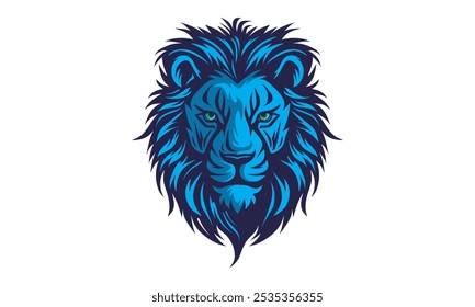 blue brave lion head logo, silhouette of great beast face wild animal vector illustrations