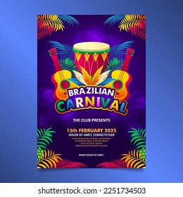 Blue Brazilian carnival Flyer with colorful Samba Batucada Drum and guitar elements