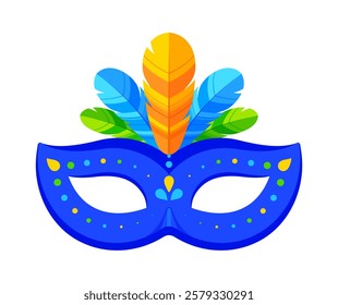 Blue Brazilian carnival mask with colorful feathers and festive decorative elements. Mardi Gras, festival, party, celebration, costume concept. Flat vector illustration isolated on white background