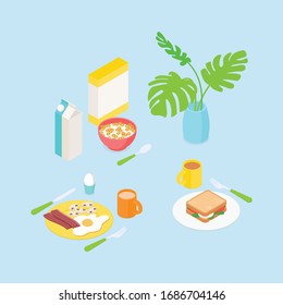 Blue breakfast set with bowl of cereals. Isometric vector illustration in flat design.