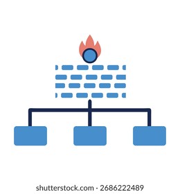 Icono de firewall de ladrillo azul con llamas rojas y conexiones de red de seguridad
