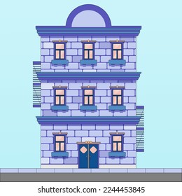 blue brick house drawn in vector graphic