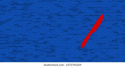 Blue Brick Wall with large red kitchen knife symbol. The symbol is located on the right, on the left there is empty space for your content. Vector illustration on blue background