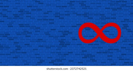 Blue Brick Wall with large red infinity symbol. The symbol is located on the right, on the left there is empty space for your content. Vector illustration on blue background