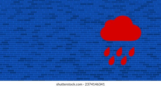 Blue Brick Wall with large red rain symbol. The symbol is located on the right, on the left there is empty space for your content. Vector illustration on blue background