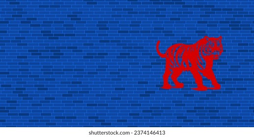 Blue Brick Wall with large red tiger symbol. The symbol is located on the right, on the left there is empty space for your content. Vector illustration on blue background